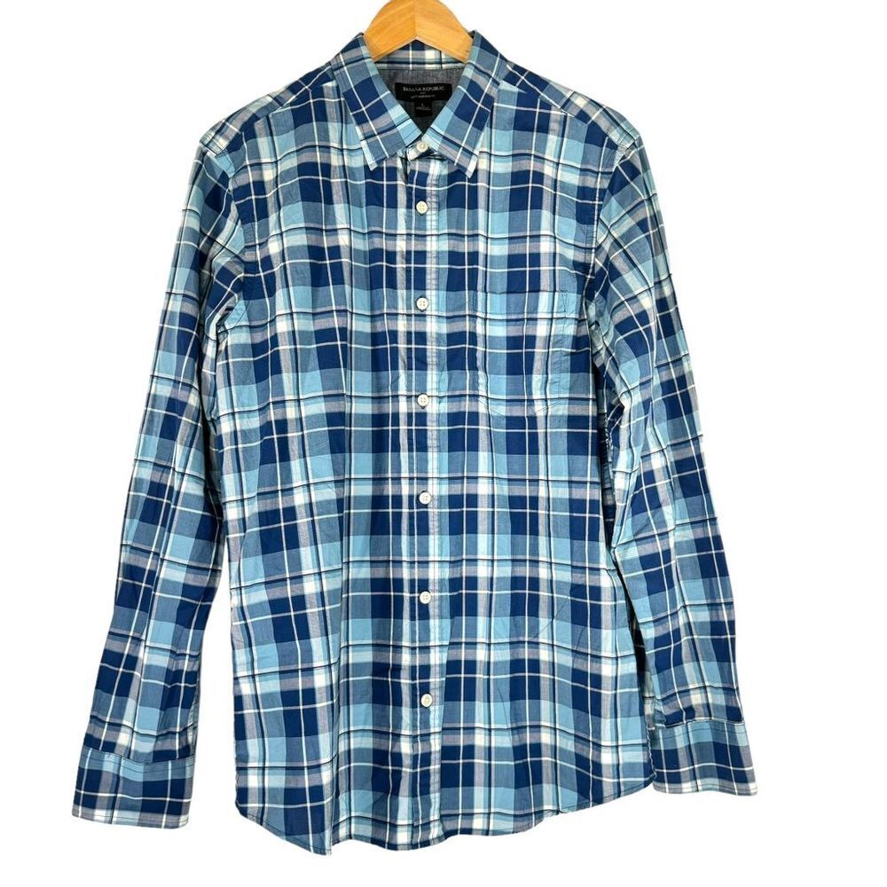 Banana Republic Blue Slim Fit Plaid Soft Wash‎ Long Sleeve Shirt Button Men’s L